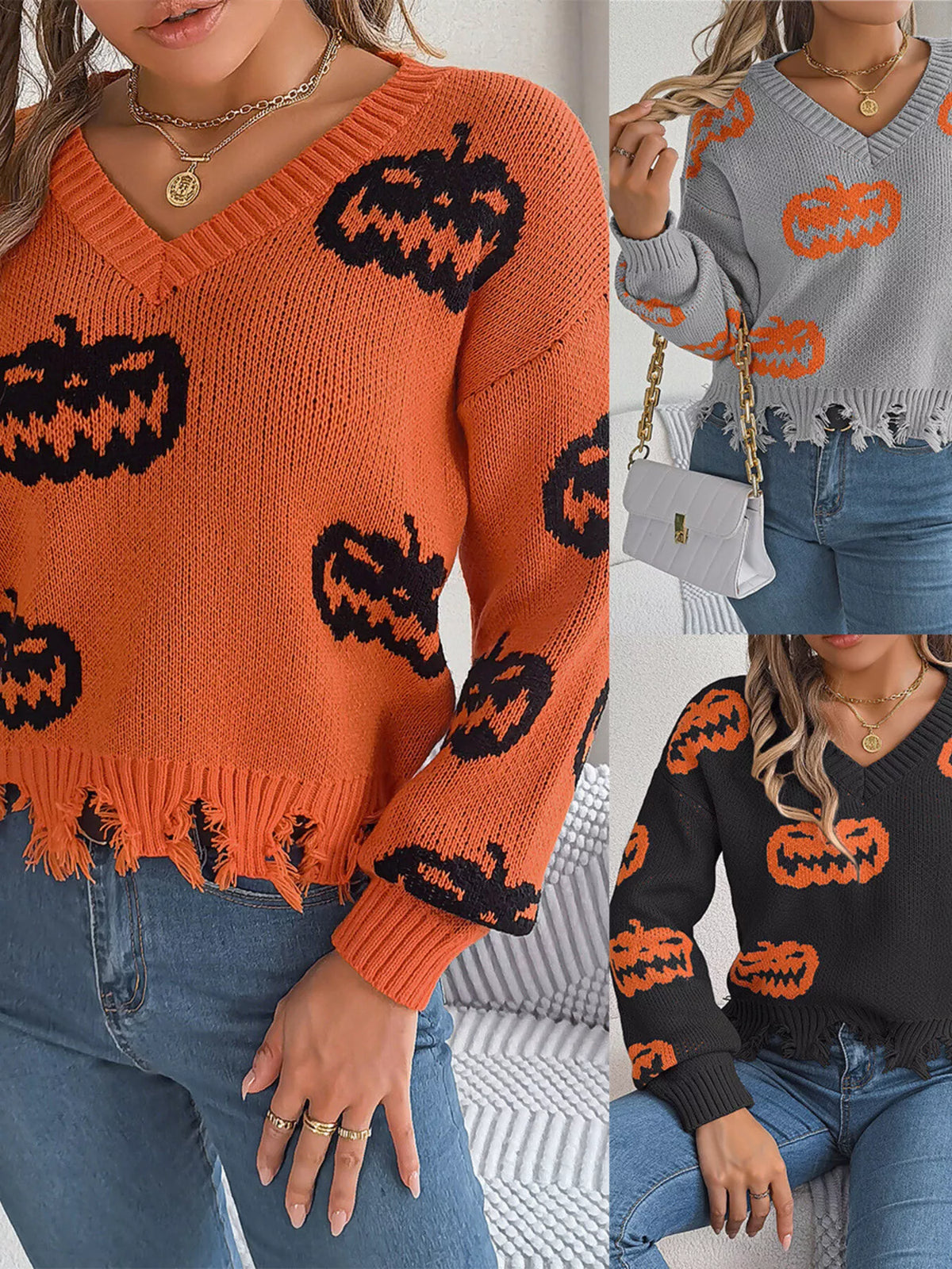 Pumpkin Distressed Hem Sweater - Lilixa.store