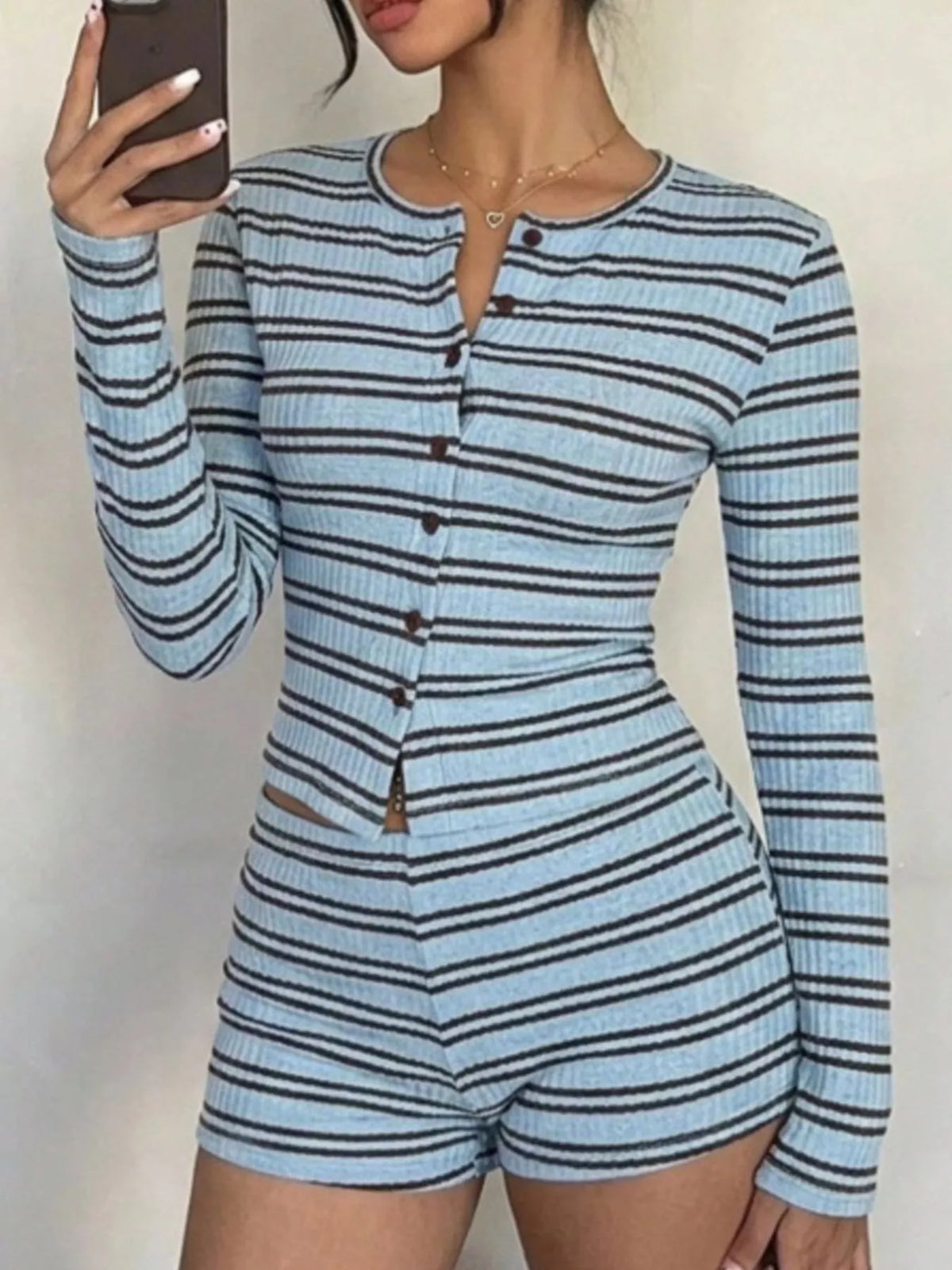Striped Button-Down Cardigan and Shorts Set in Pastel Blue