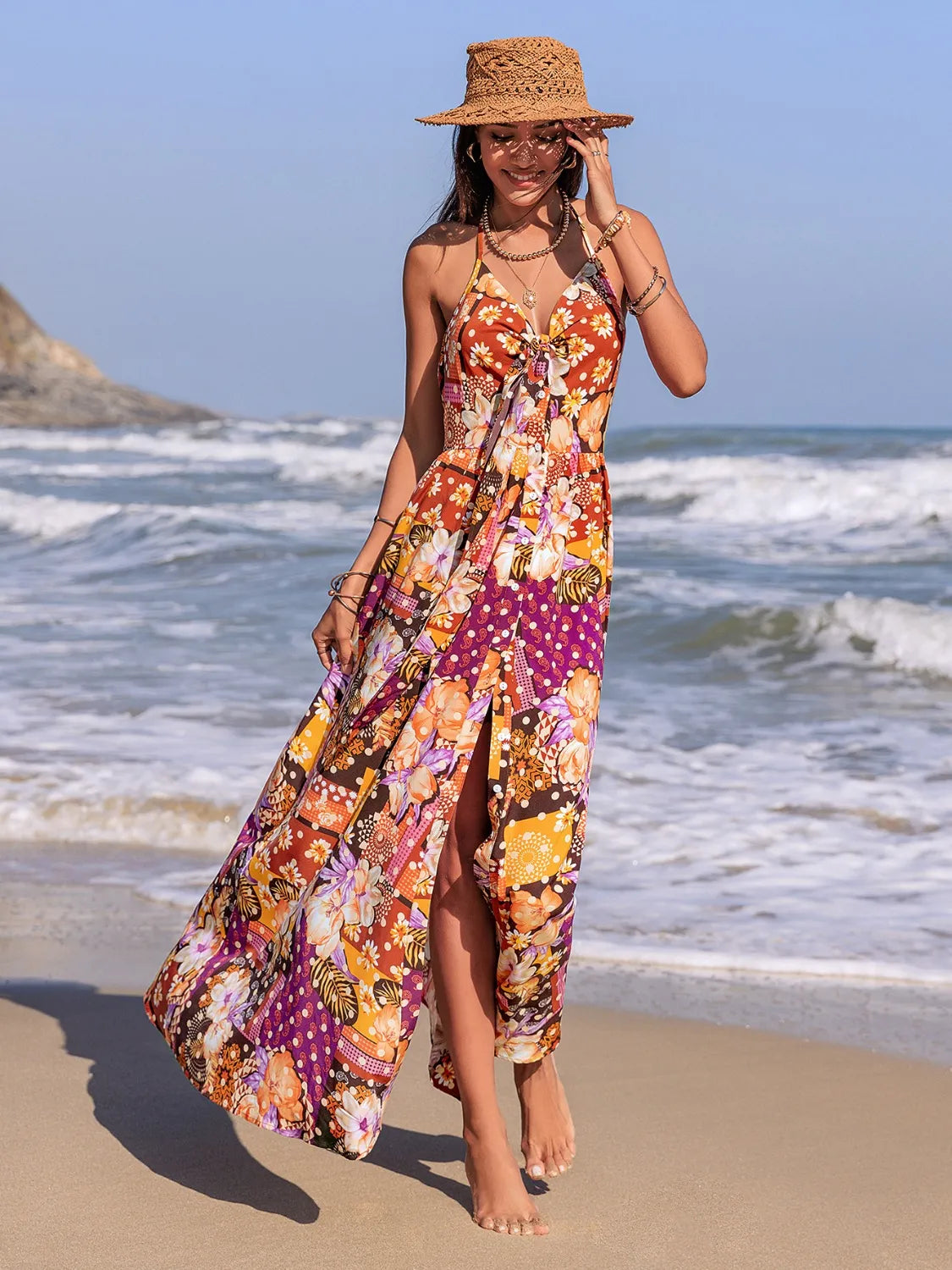 Slit Printed Halter Neck Cami Dress in Multicolor, view 2