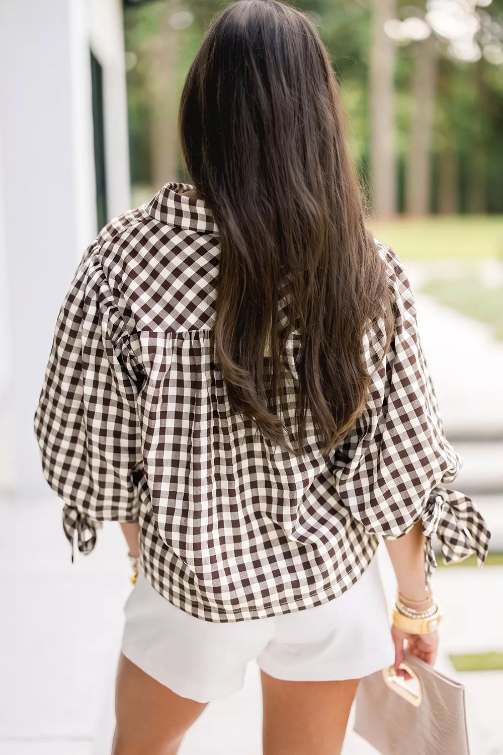 Gingham Scalloped Trim Tie Sleeve Shirt - Lilixa.store