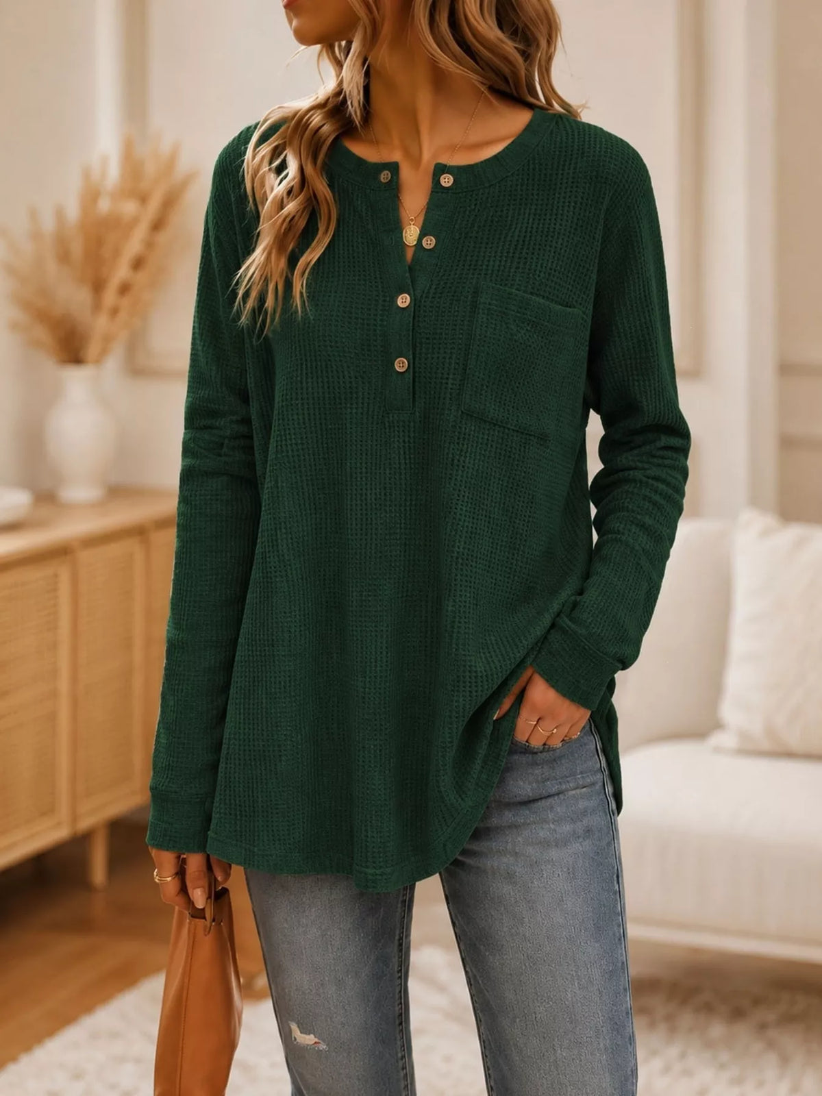 Waffle Knit Button Detail Top - Lilixa.store