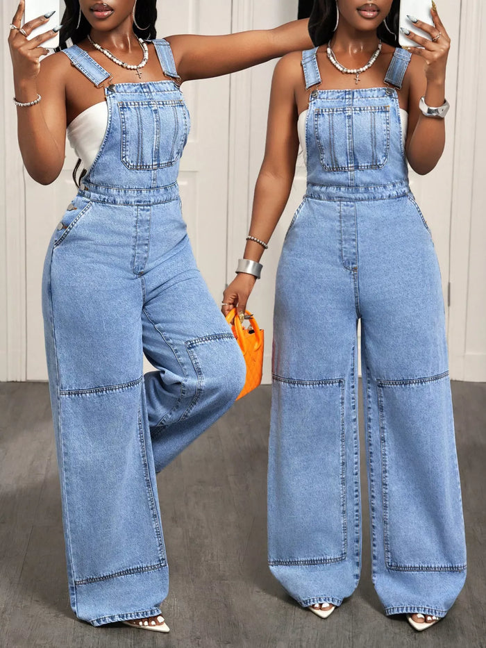 Wide Strap Wide Leg Denim Overalls - Lilixa.store