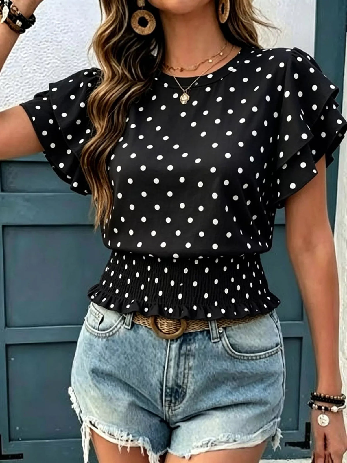 Polka Dot Ruffle Sleeve Blouse - Lilixa.store