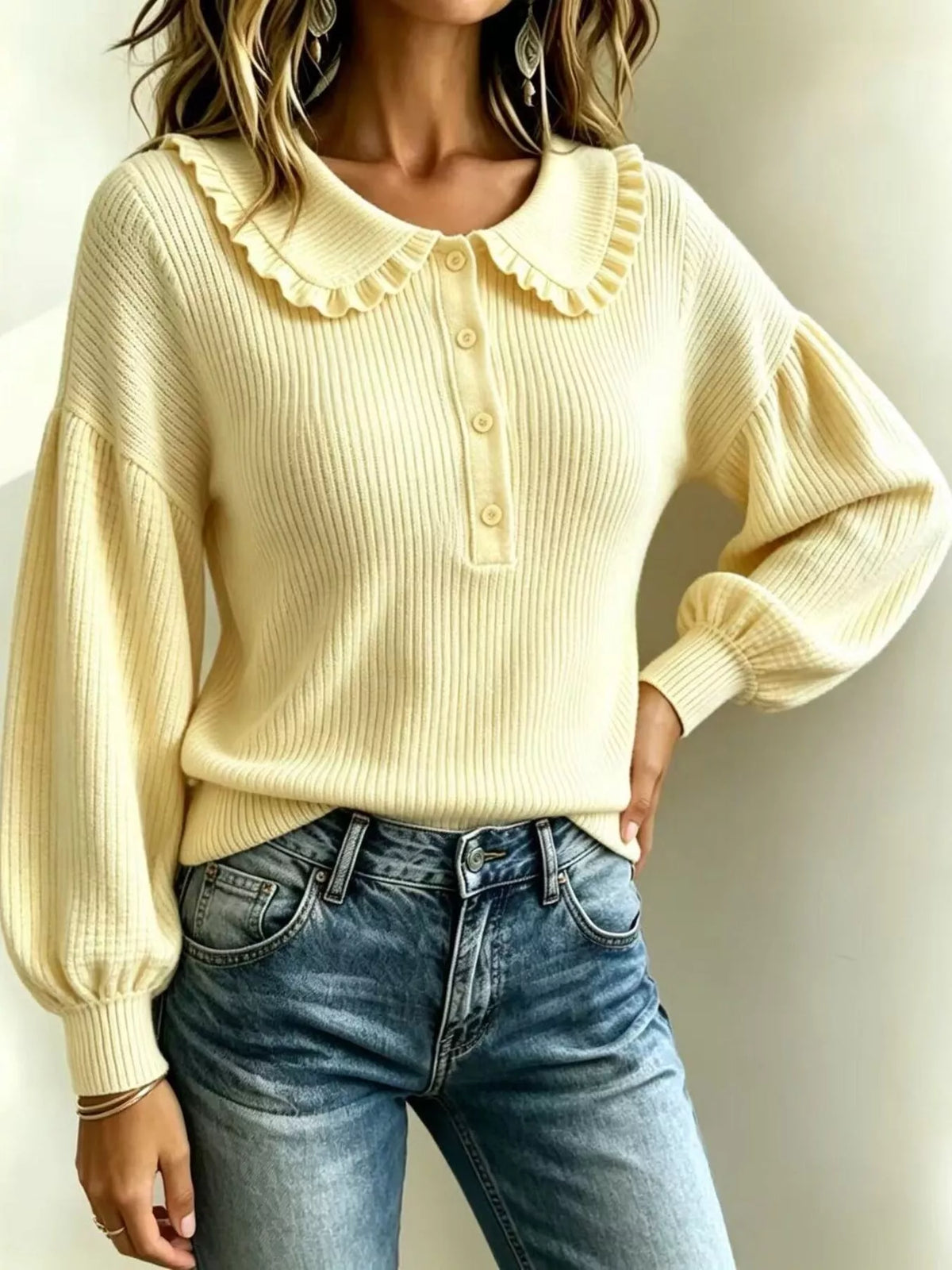 Full Size Ruffle Collar Button Detail Sweater Plus Size