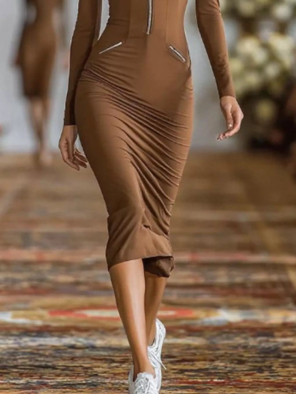 Full Size Zip-Front Bodycon Midi Dress Plus Size - Lilixa.store