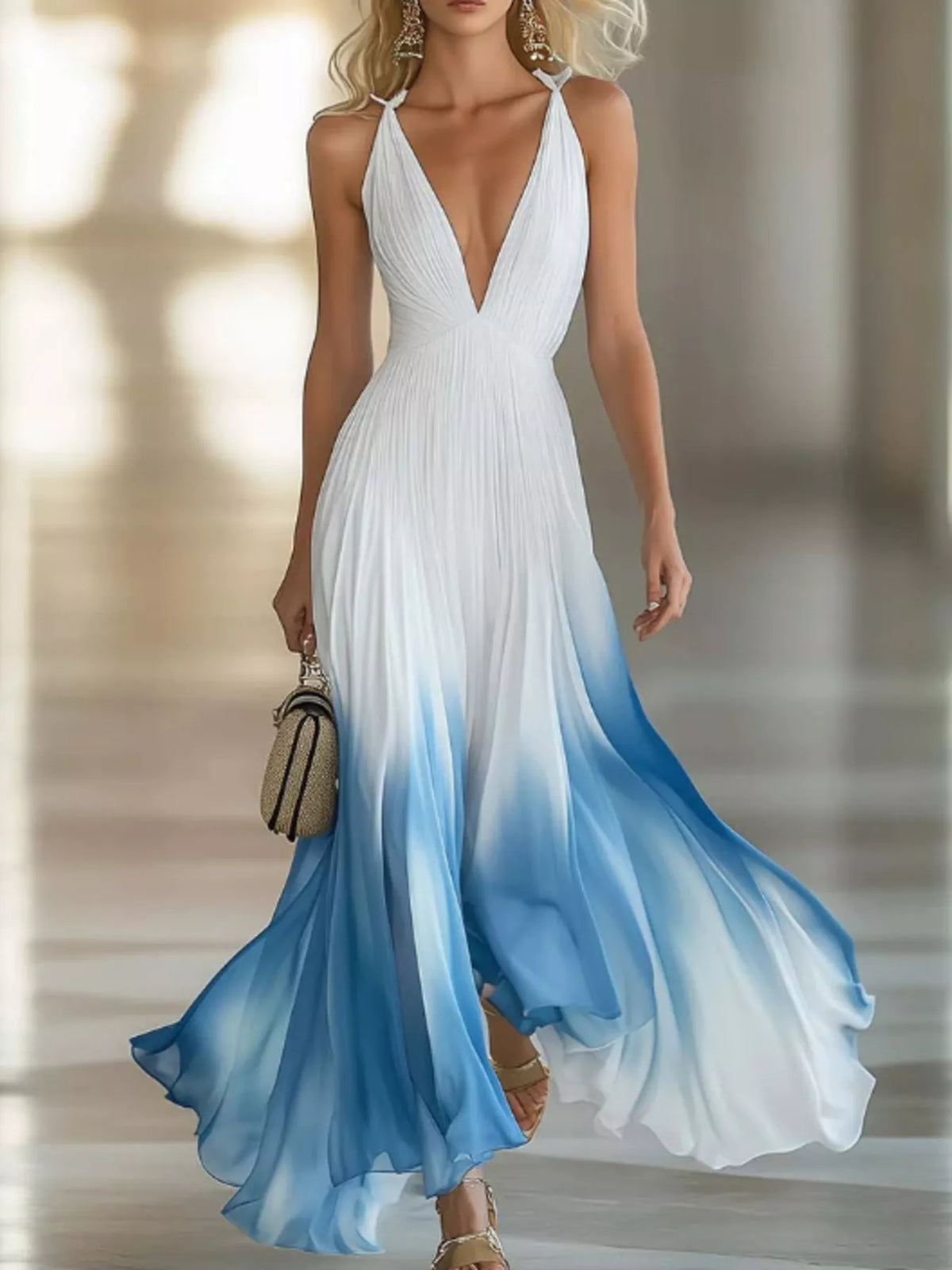 Gradient Deep V-Neck Maxi Dress