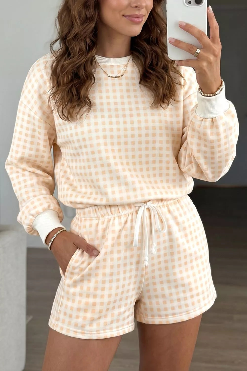 Gingham Long Sleeve Sweatshirt and Shorts Set - Lilixa.store