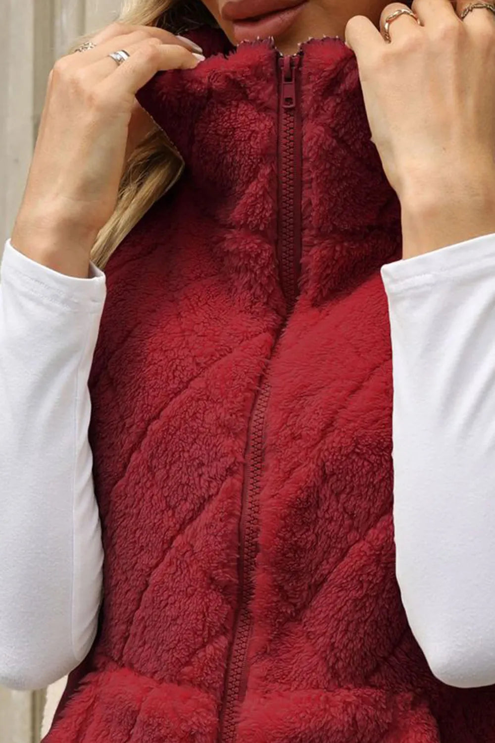 Fuzzy Plaid Texture Zip Up Vest Coat, view 5