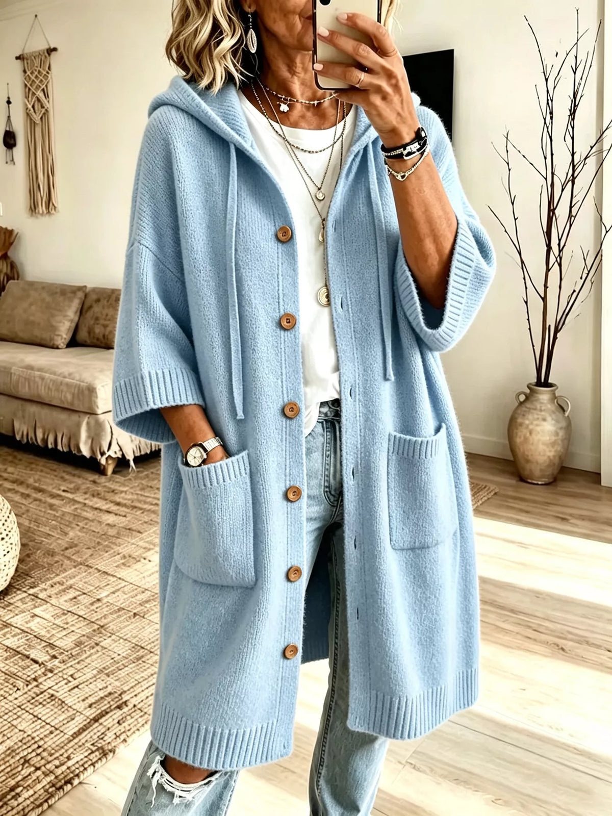 Hooded Button-Down Knit Cardigan with Pockets in Sky Blue