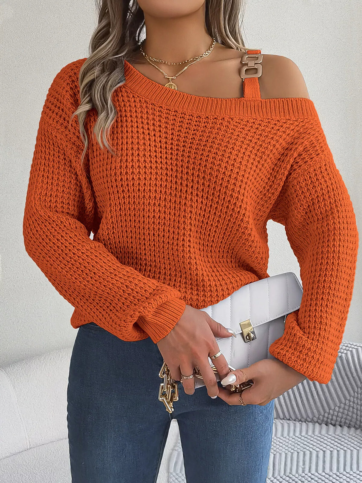 Asymmetrical Neck Long Sleeve Sweater