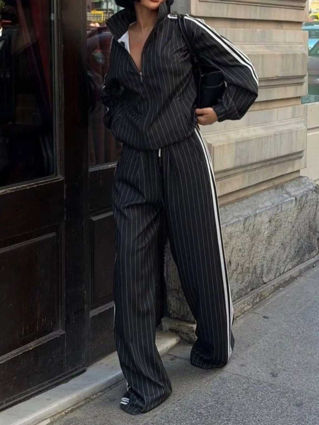 Side Stripe Zip Up Jacket and Pants Set - Lilixa.store