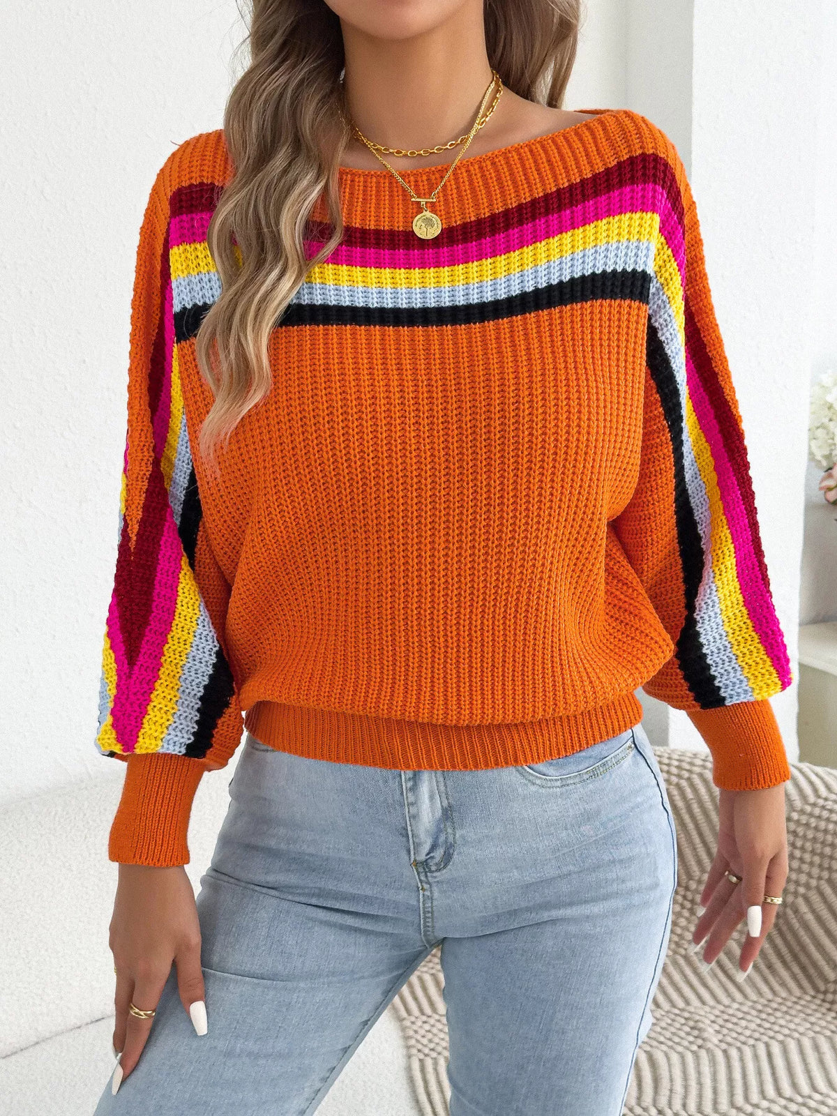 Striped Knit Boat Neck Sweater