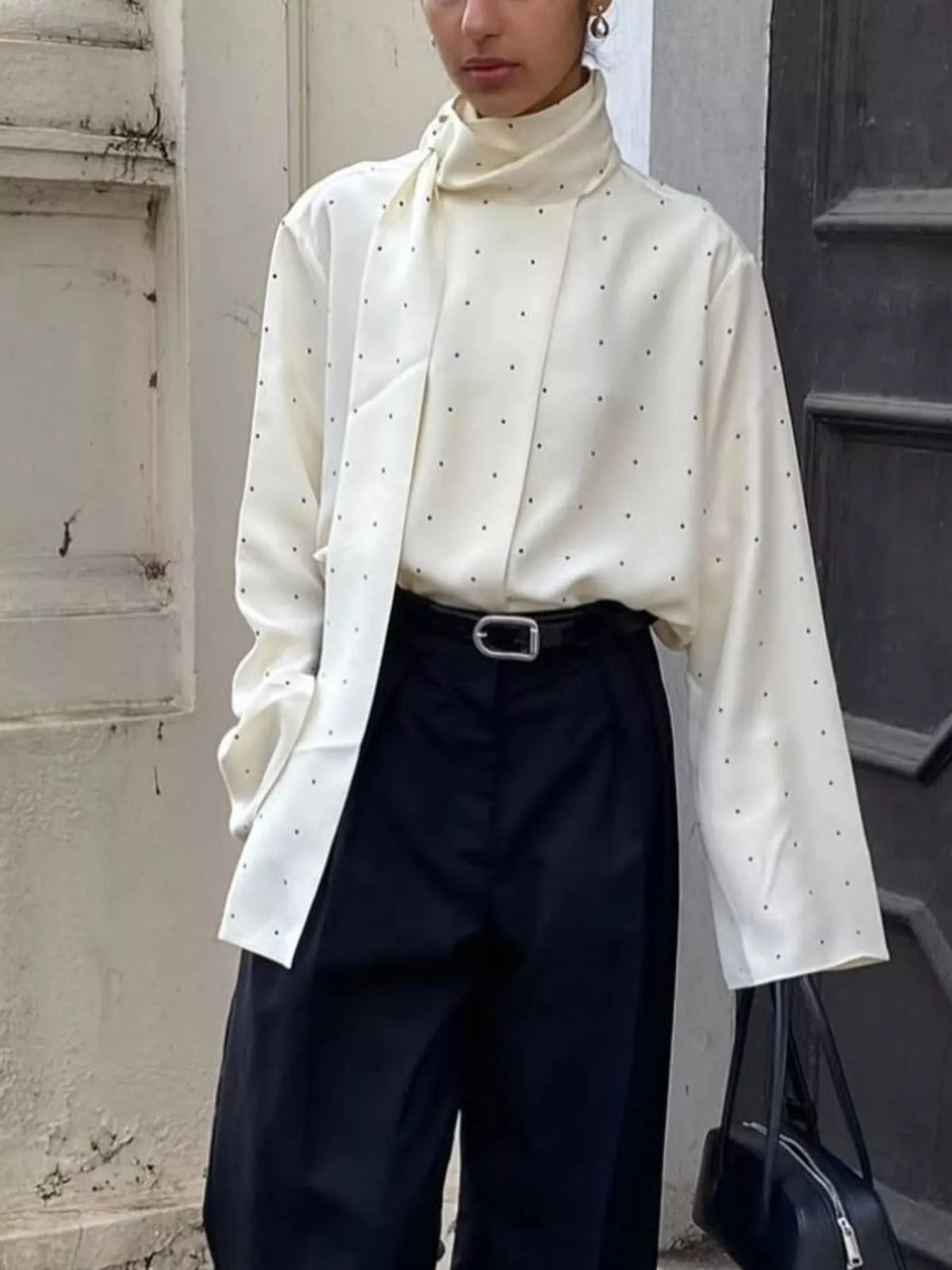 Polka Dot Silk Blouse with Scarf Neck Tie in White, view 4