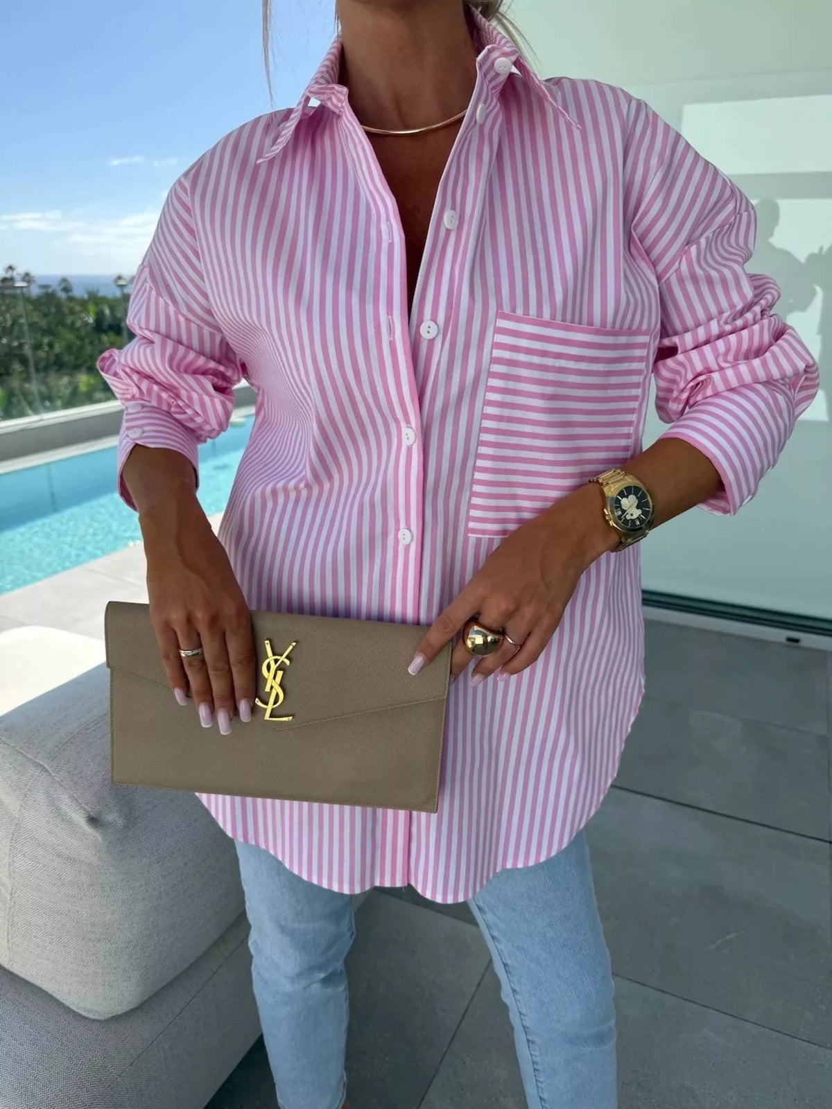 Striped Button Up Long Sleeve Shirt in Pink
