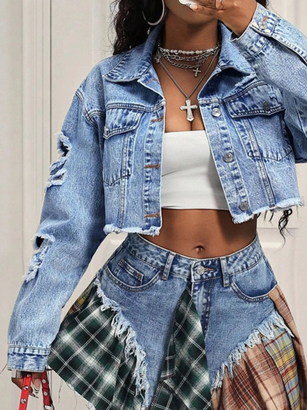 Distressed Cropped Denim Jacket in Blue, view 7