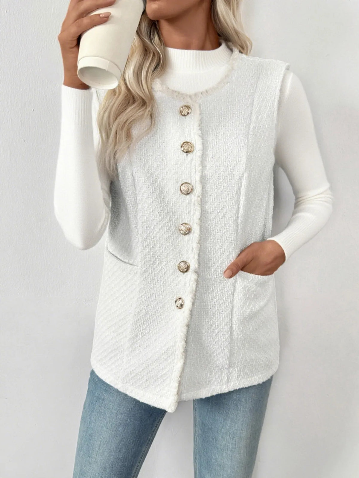 Textured Button-Front Vest with Raw Edge in White, view 3