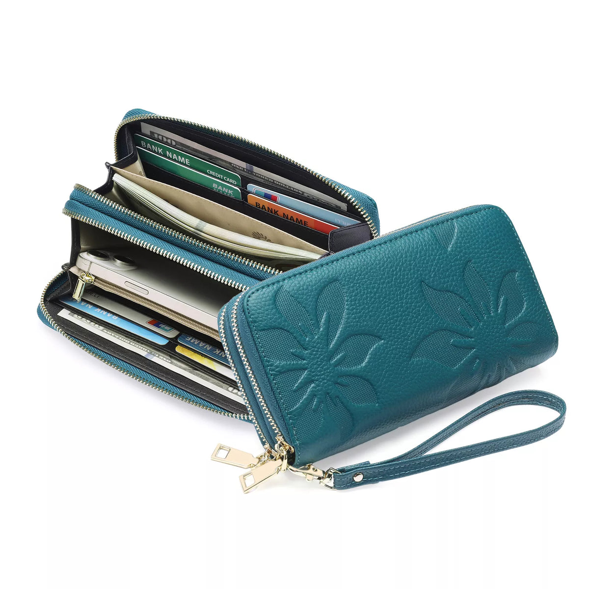 Floral Embossed Leather Zipper Wallet - Lilixa.store