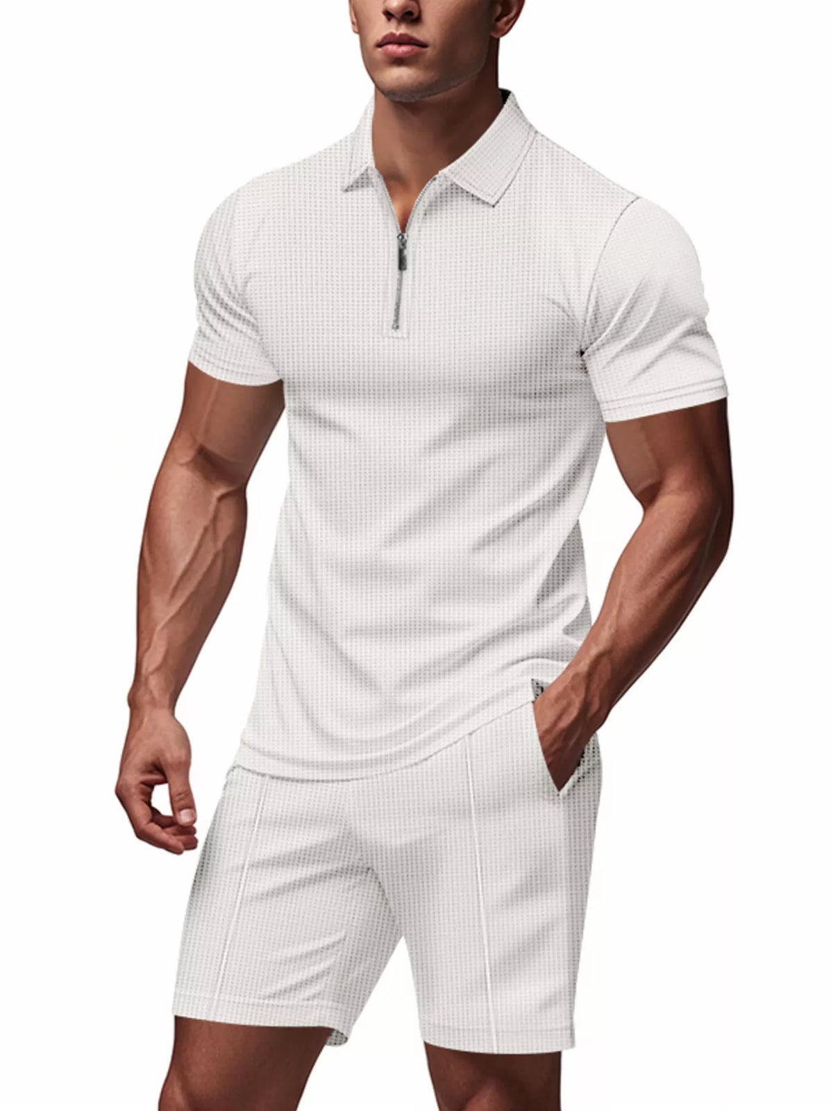 Men's Plus Size Quarter Zipper Polo Shirt and Shorts Set