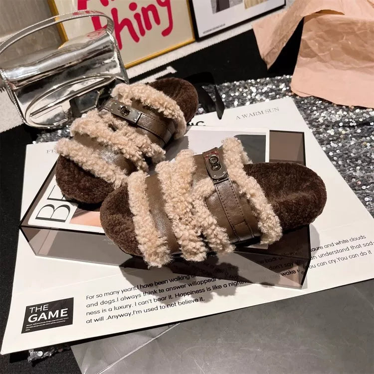Fuzzy Buckle Accent Plush Slippers - Lilixa.store