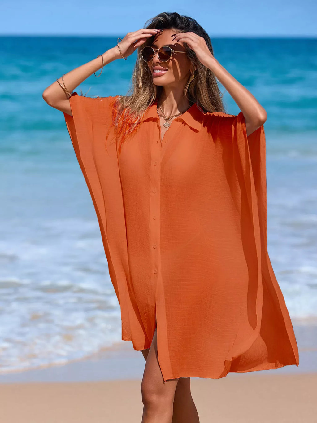 Relaxed Fit Button Up Cover-Up Dress - Lilixa.store