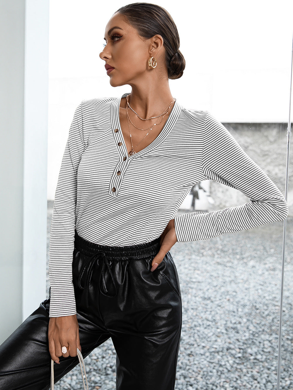 Ivy Lane Striped Buttoned V-Neck Long Sleeve Top in Gray