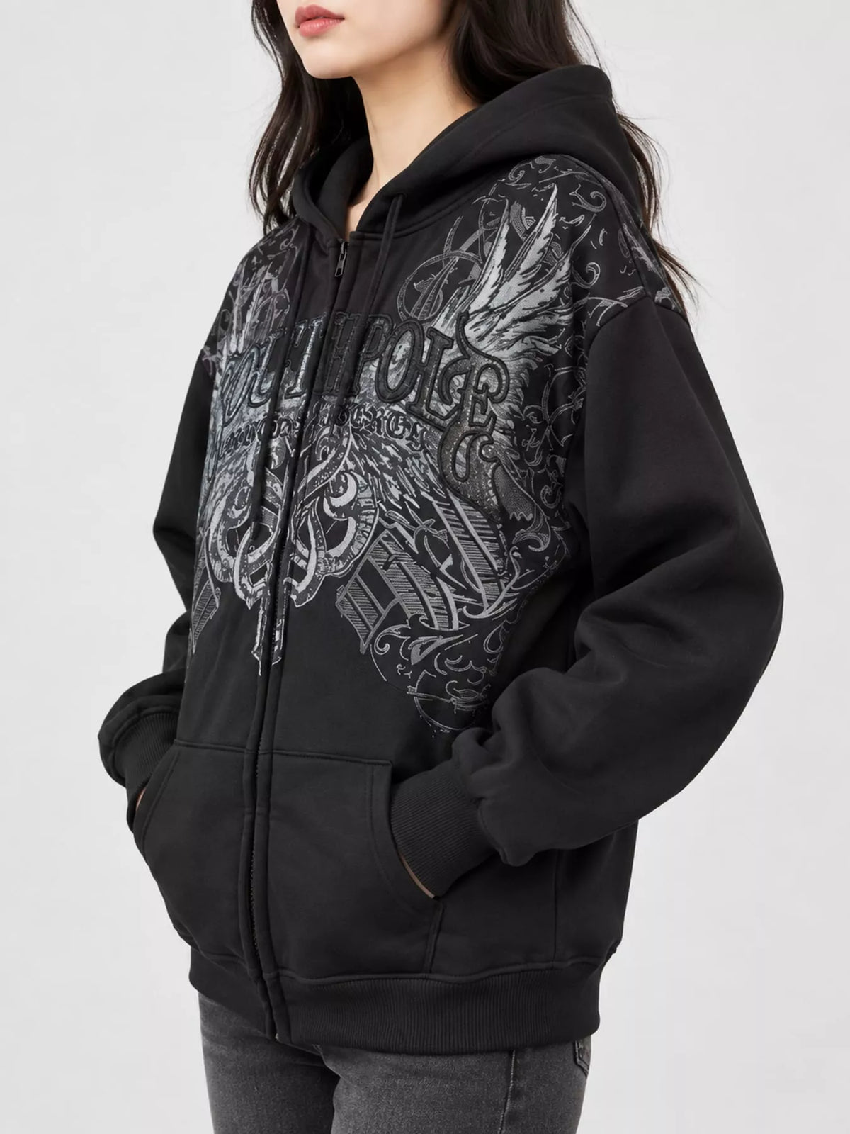 Halloween Gothic Graphic Zip-Up Hoodie in Black