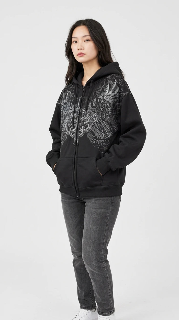 Halloween Gothic Graphic Zip-Up Hoodie in Black