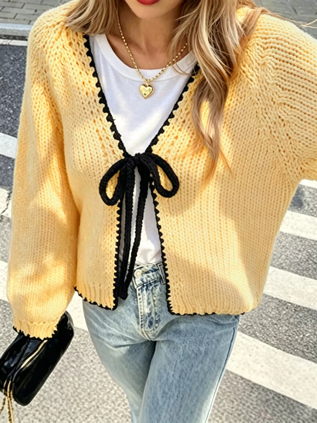 Full Size Chic Tie-Front Contrast-Trim Cardigan Plus Size in Yellow