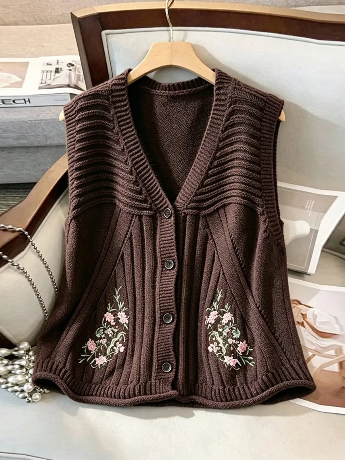 Floral Embroidered V-Neck Button-Down Sweater Vest - Lilixa.store