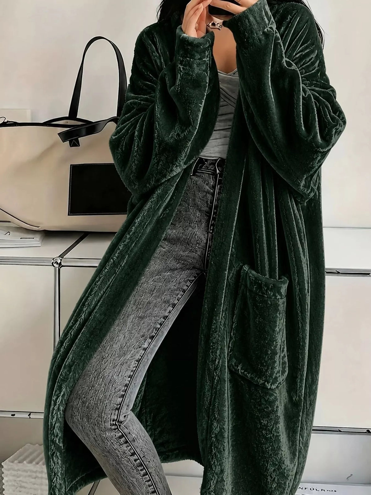 Full Size Velvet Open-Front Longline Outerwear Plus Size
