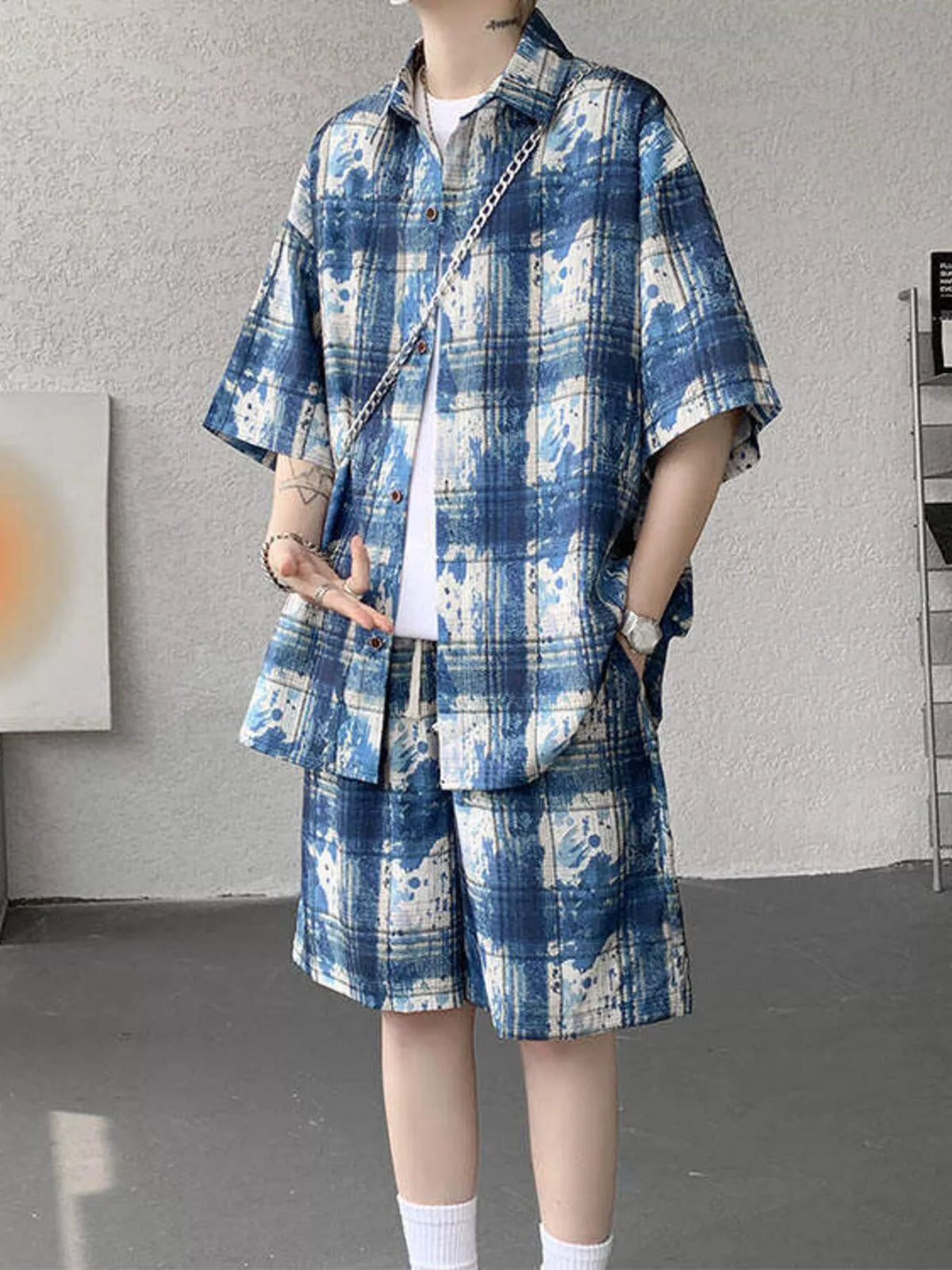 Men's Plus Size Casual Plaid Print Shirt & Shorts Set, view 3