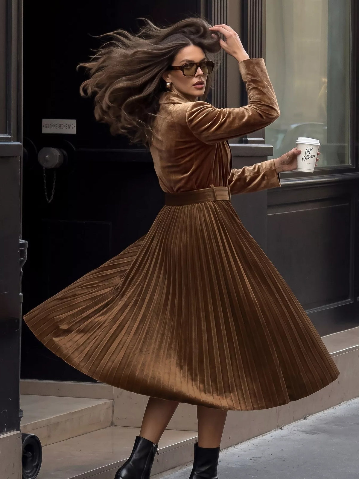 Velvet Pleated Midi Blazer Dress