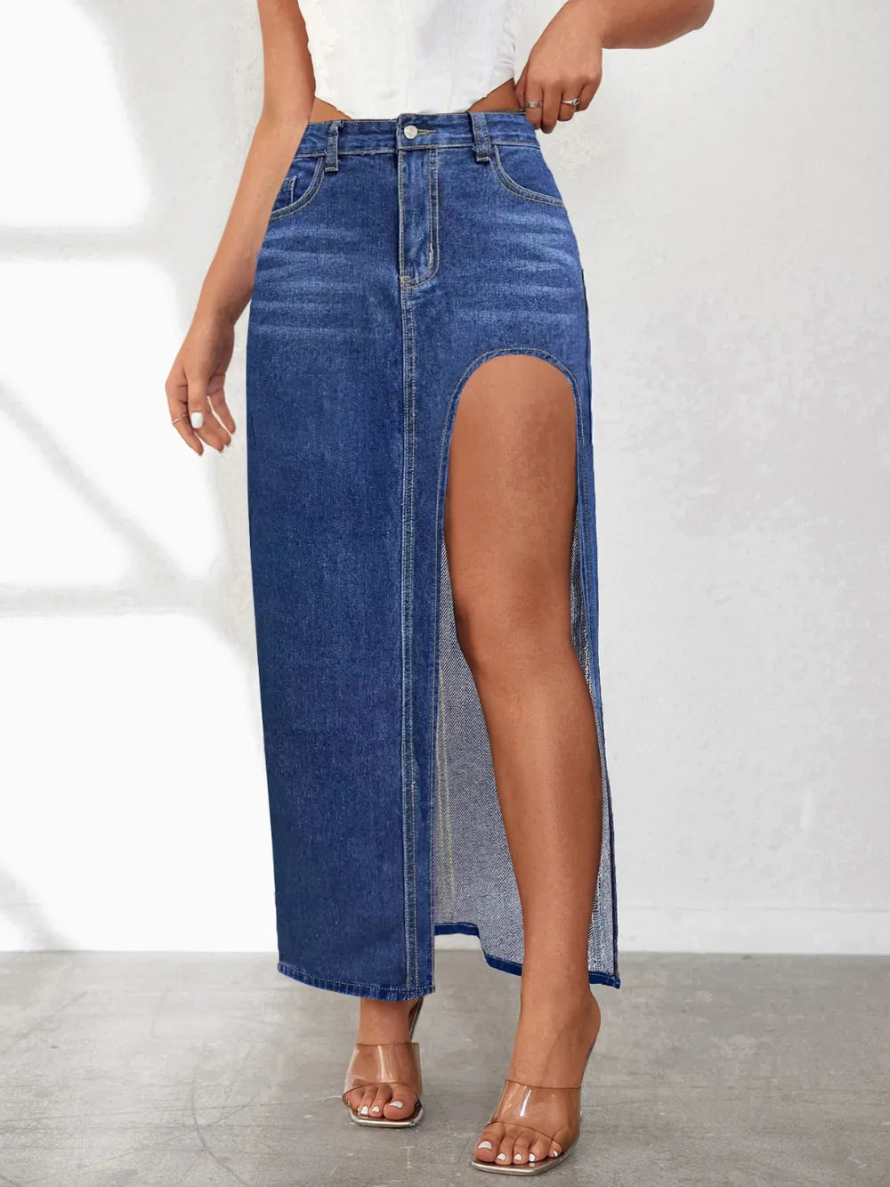 High Rise Slit Denim Skirt - Lilixa.store