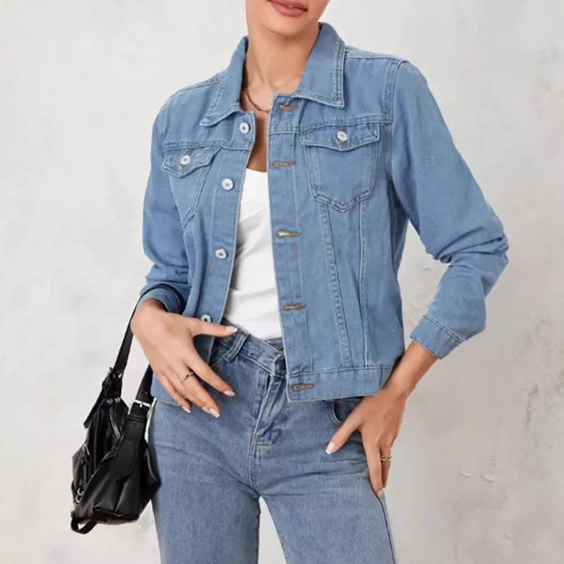 Button Up Long Sleeve Denim Jacket in Light Blue