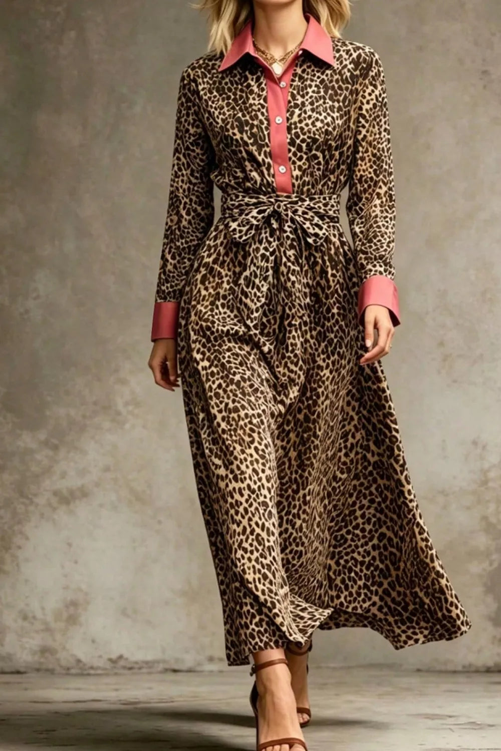 Leopard Print Belted Maxi Shirt Dress - Lilixa.store