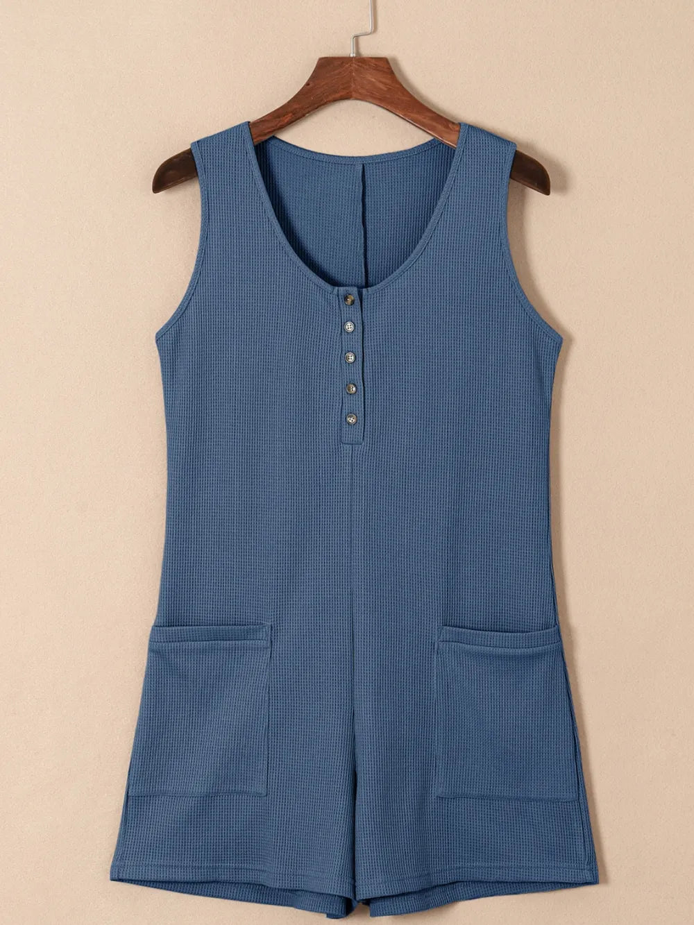 Waffle-Knit Half Button Sleeveless Romper with Pockets - Lilixa.store