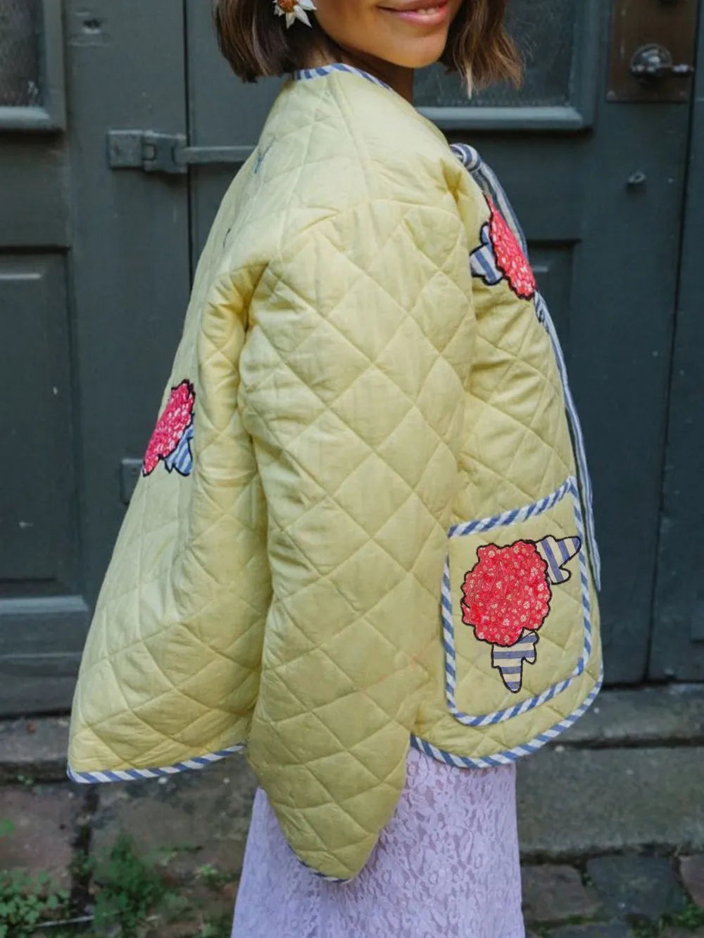 Embroidered Flower Tied Long Sleeve Winter Coat - Lilixa.store
