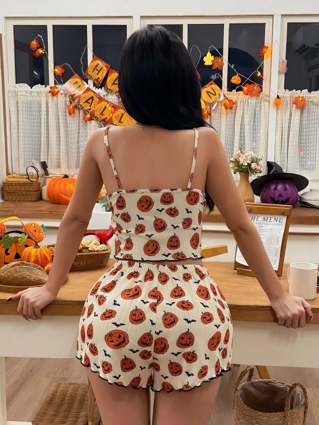 Halloween Pumpkin Print Cami and Shorts Lounge Set - Lilixa.store