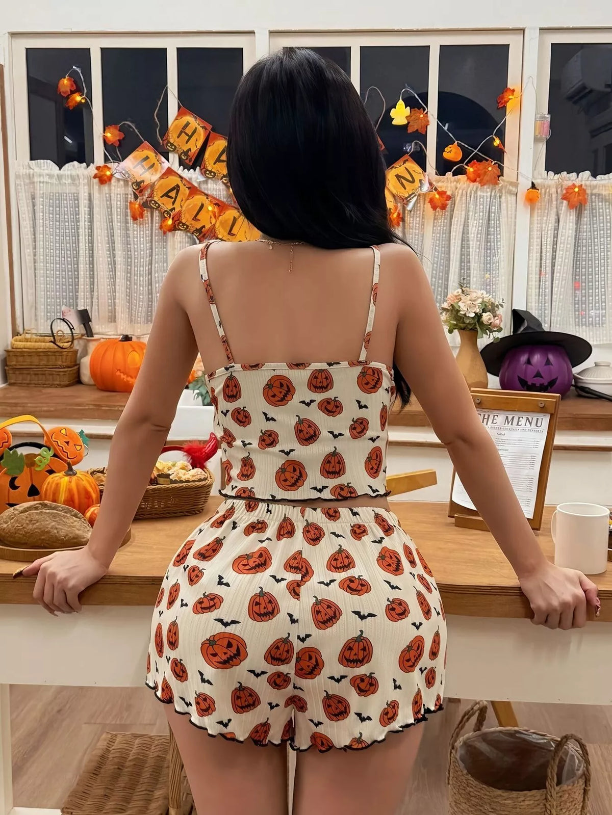 Halloween Pumpkin Print Cami and Shorts Lounge Set - Lilixa.store
