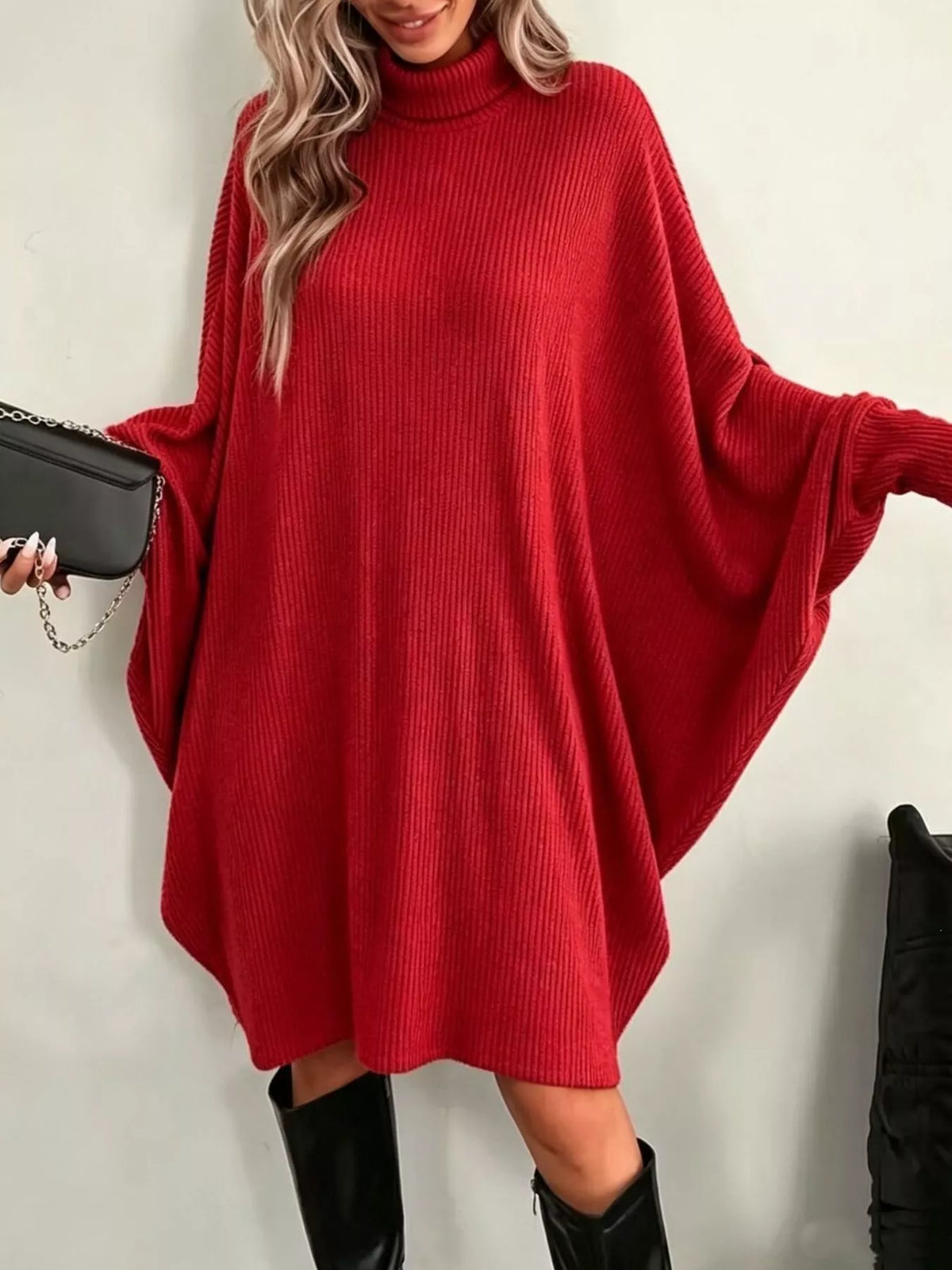Oversized Batwing Sleeve Ribbed Knit Turtleneck Dress - Lilixa.store