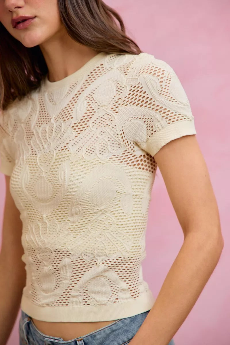 SO ME Floral Perforated Seamless Active Short Sleeve Top in Off White, view 4