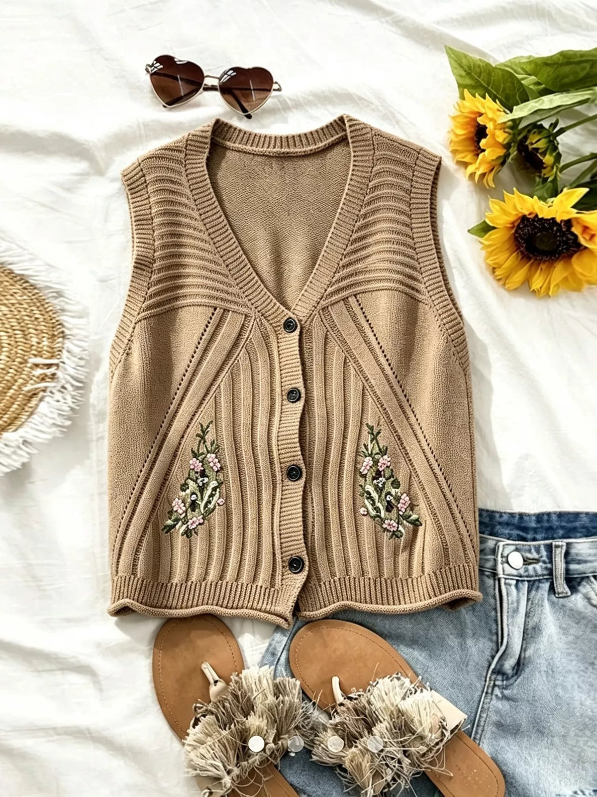 Floral Embroidered V-Neck Button-Down Sweater Vest - Lilixa.store