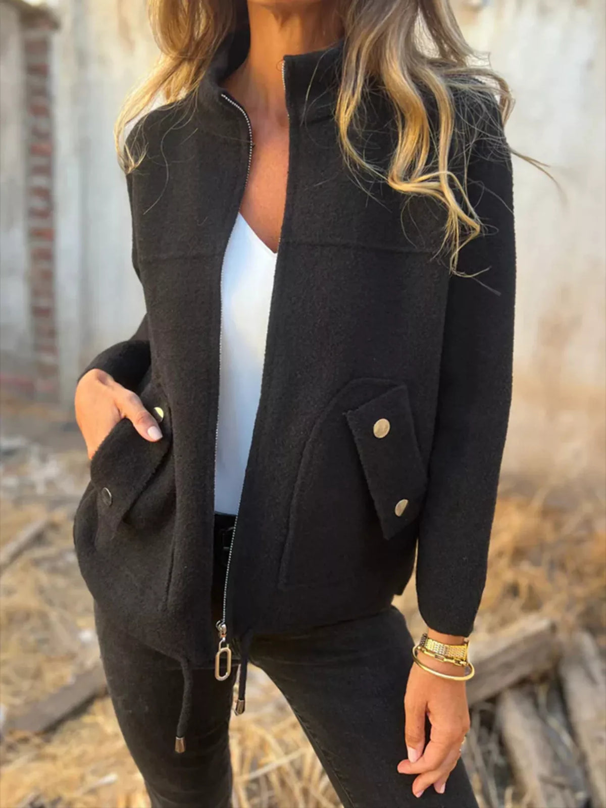 Full Size Textured Knit Zip Up Outerwear Plus Size in Black