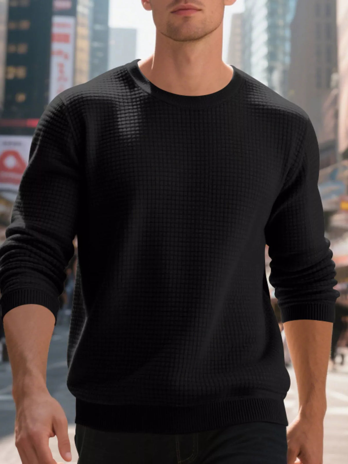 Men's Full Size Classic Waffle-Knit Crew Neck Sweatshirt Plus Size - Lilixa.store