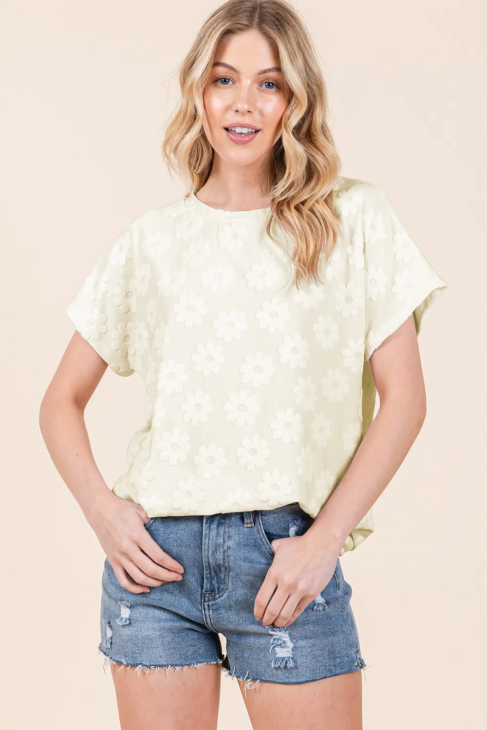 BOMBOM Textured Floral Pattern Short Sleeve T-Shirt - Lilixa.store
