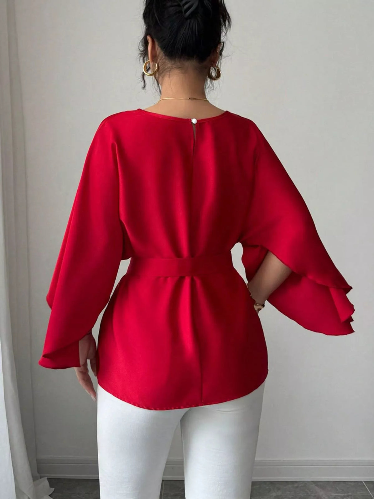Round Neck Belt Batwing Sleeve Blouse - Lilixa.store