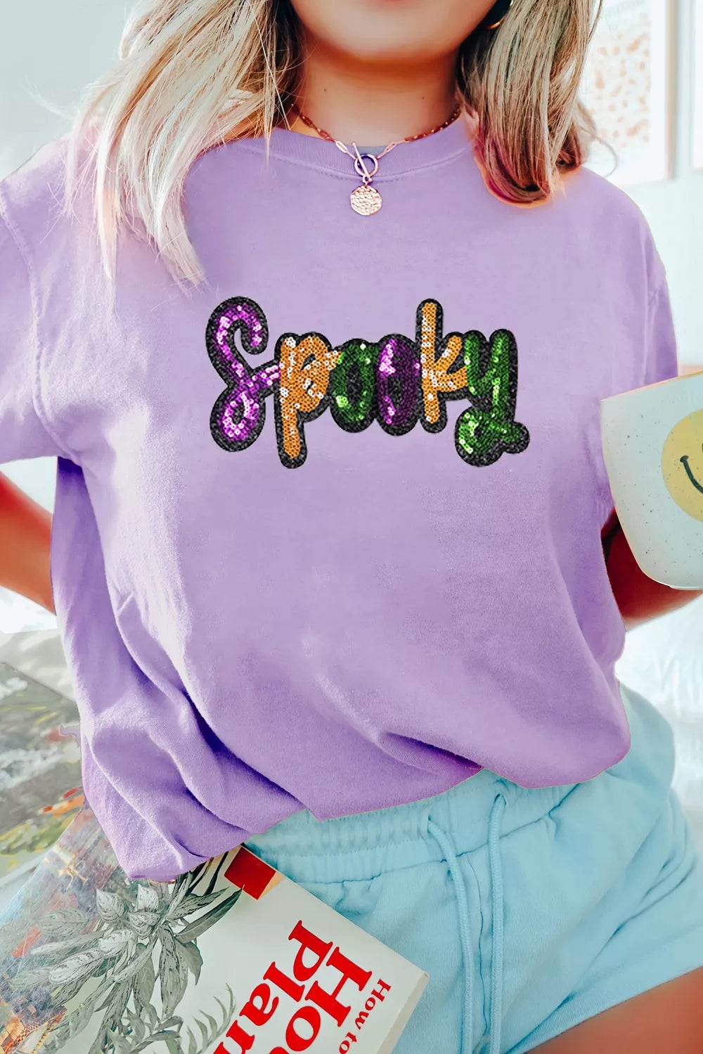 Full Size Spooky Sequin Letter Patched Cotton Blend T Shirt Plus Size - Lilixa.store