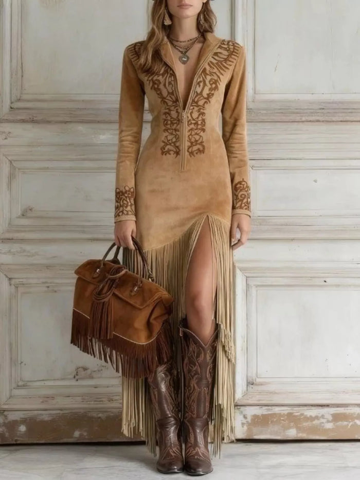 Full Size Western-Inspired Suede Fringed Maxi Dress with Embroidered Detailing Plus Size in Camel