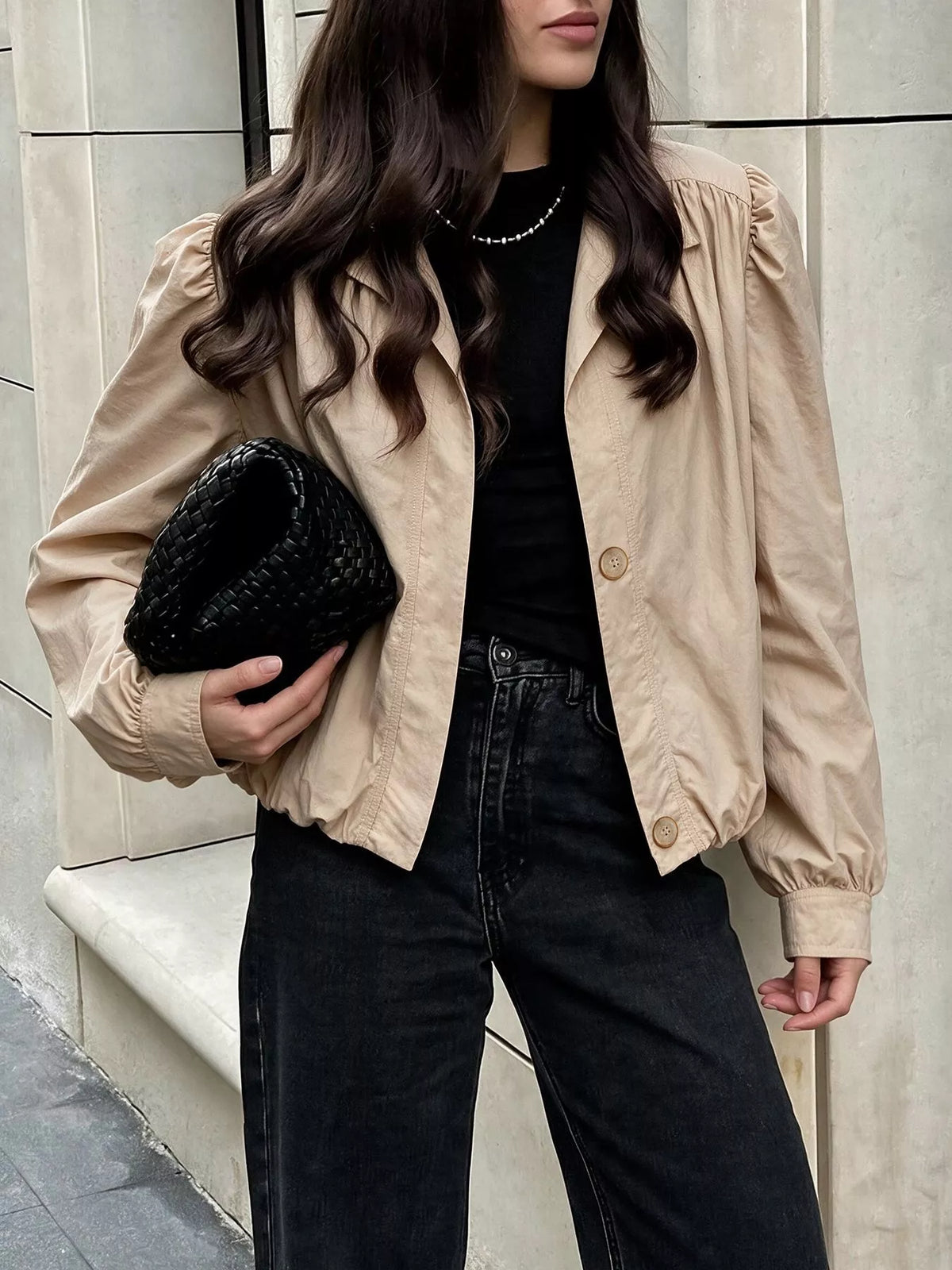 Button-Down Puff-Sleeve Jacket