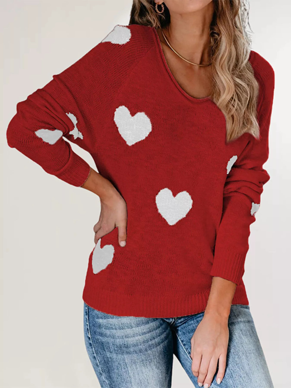 Heart Pattern V-Neck Sweater - Lilixa.store